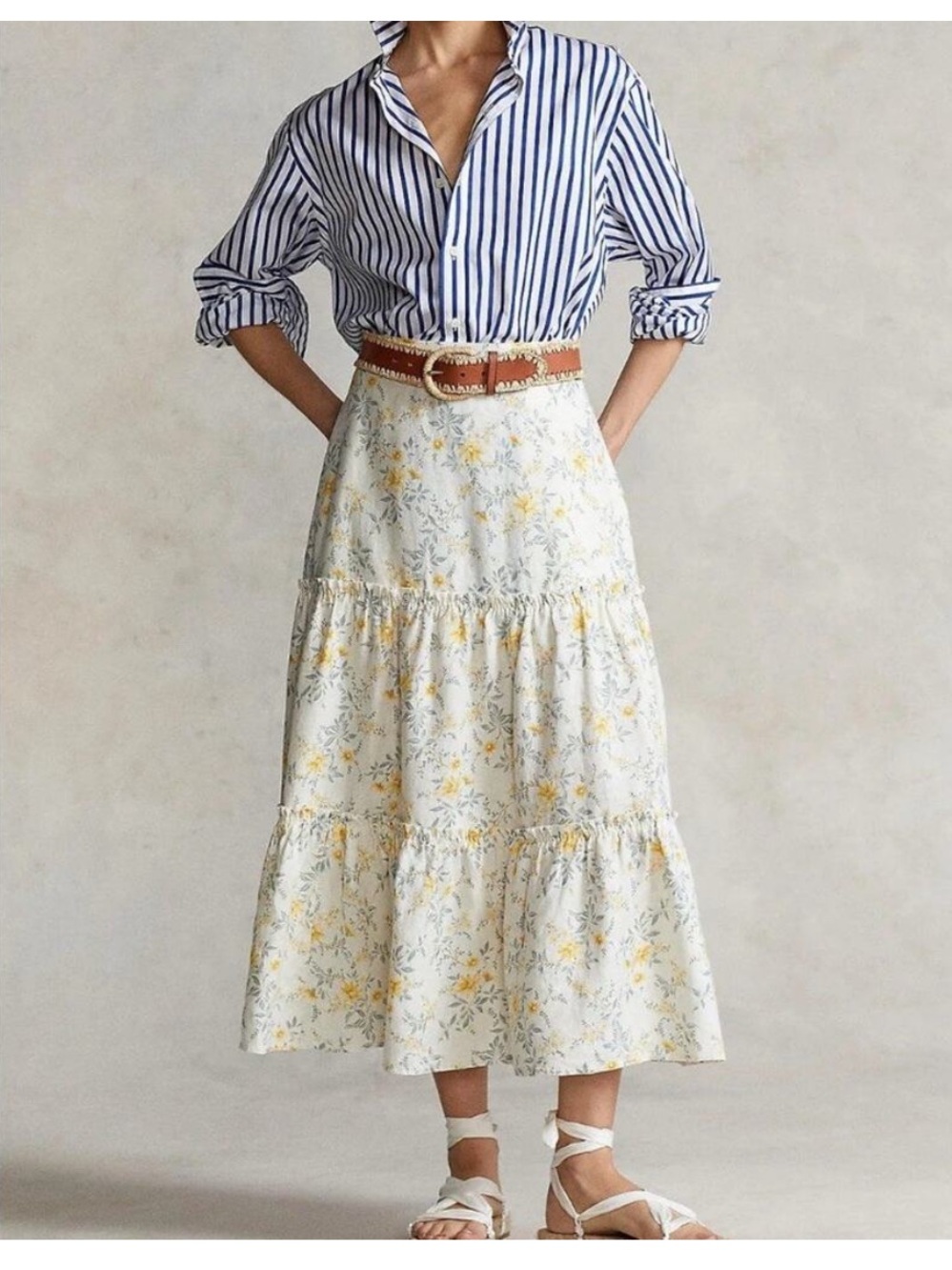 Polo Ralph Lauren Spring ‘22 Linen cream yellow floral tiered ruffled midi skirt